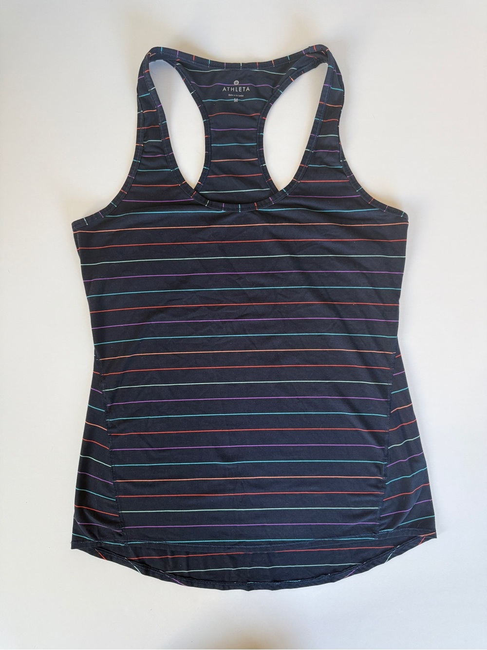 Athleta Navy Racerback Tank with Thin Multicolor Stripes